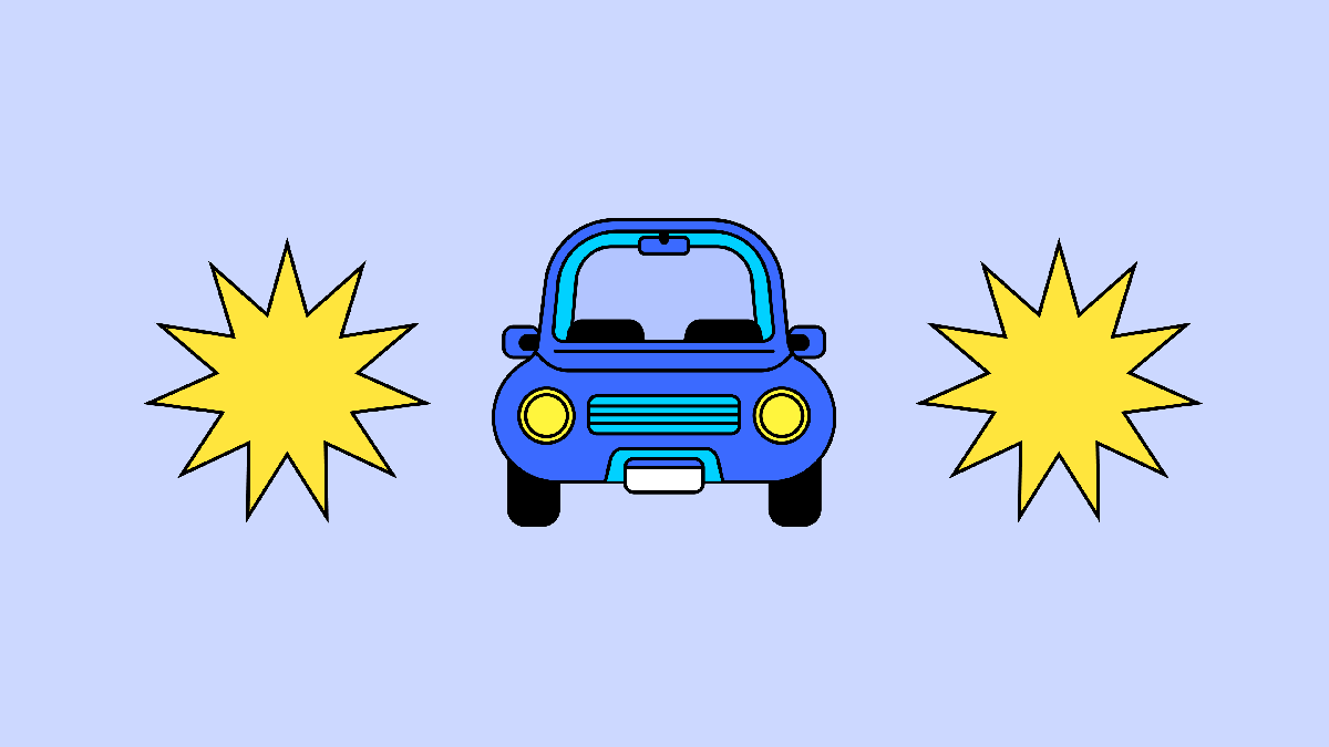 carro azul escuro com fundo azul claro e uma estrela amarela de cada lado do carro