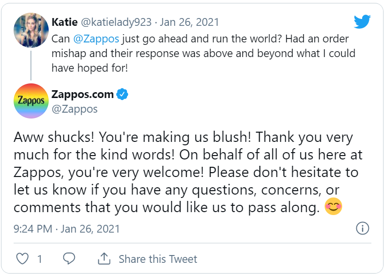 Zappos social customer service tweet