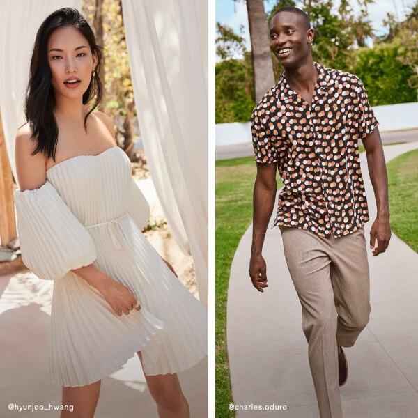 Model wearing Express white Jumper and another wearing Express tan slacks and shirt with colorful dots
