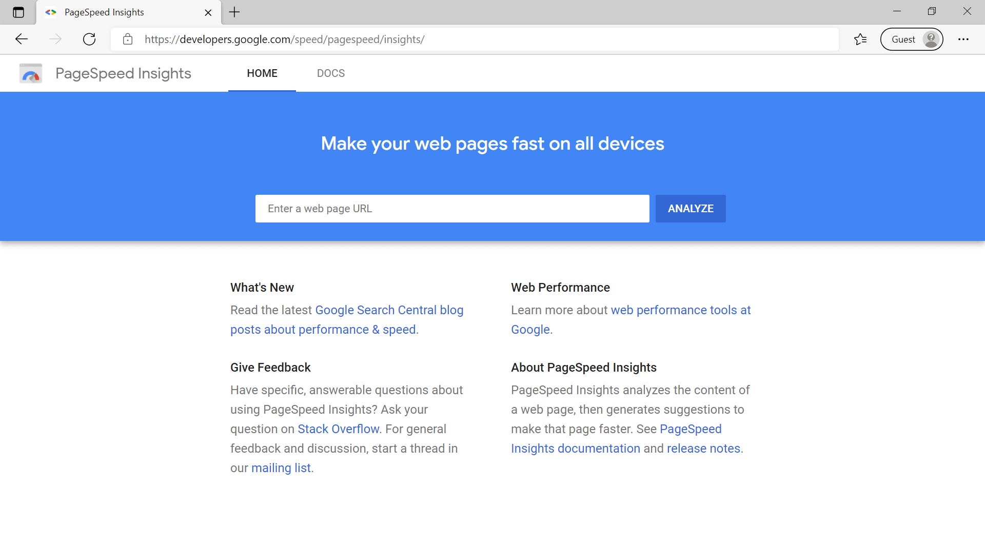 Google page speed insight tool