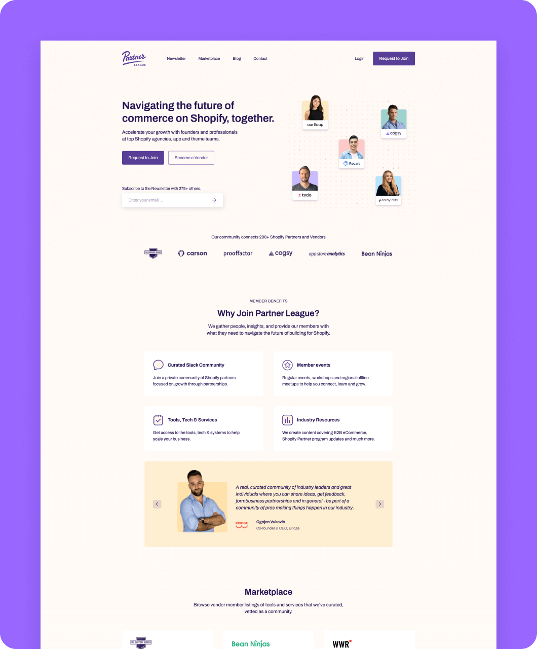 Screenshot from Flowout Webflow project for Partner League.