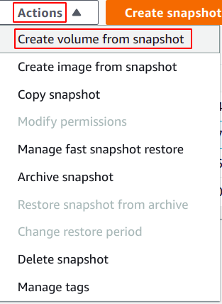 选择新的（复制的）EBS快照，然后单击EBS仪表板顶部菜单中的操作下拉按钮，然后从快照中选择创建音量
