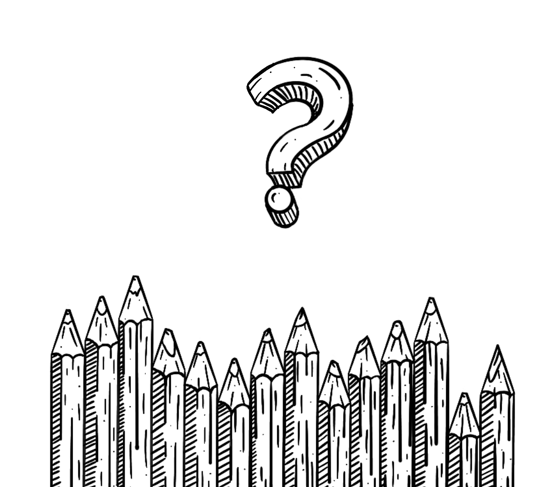 line drawn colored pencils with a question mark above them in black and white