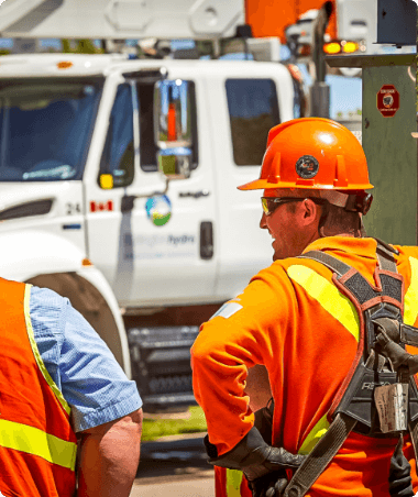 Two electricians standing near the pole with an ejector shield