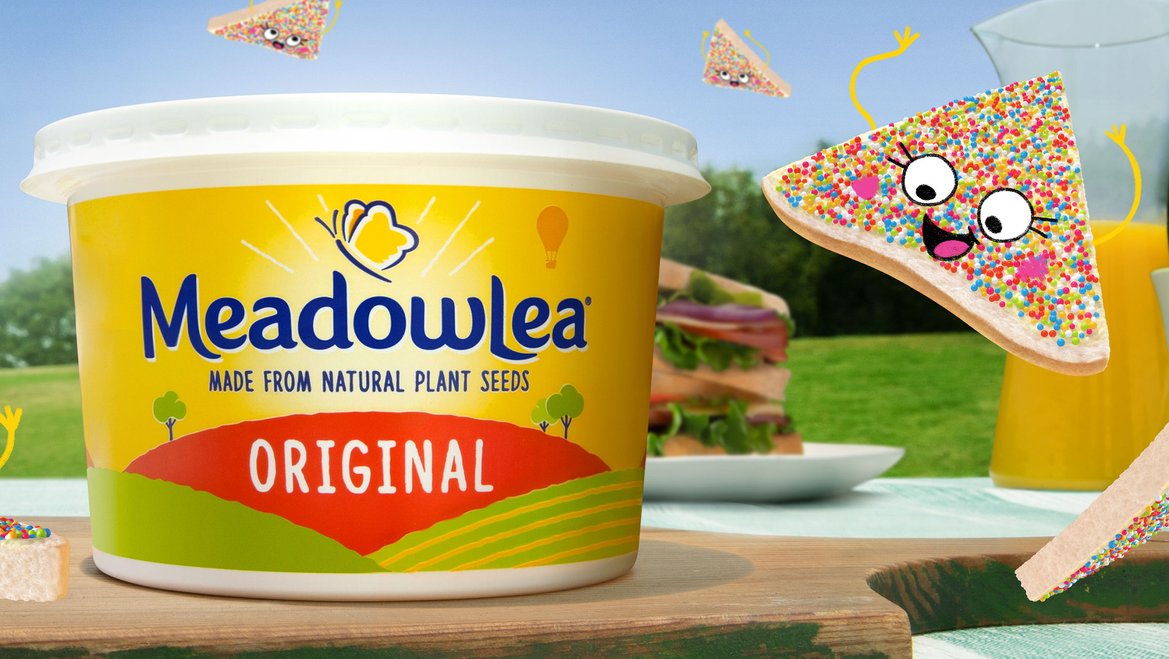 Meadowlea hero of tub of spread with cartoon characters fairy bread from tv advert