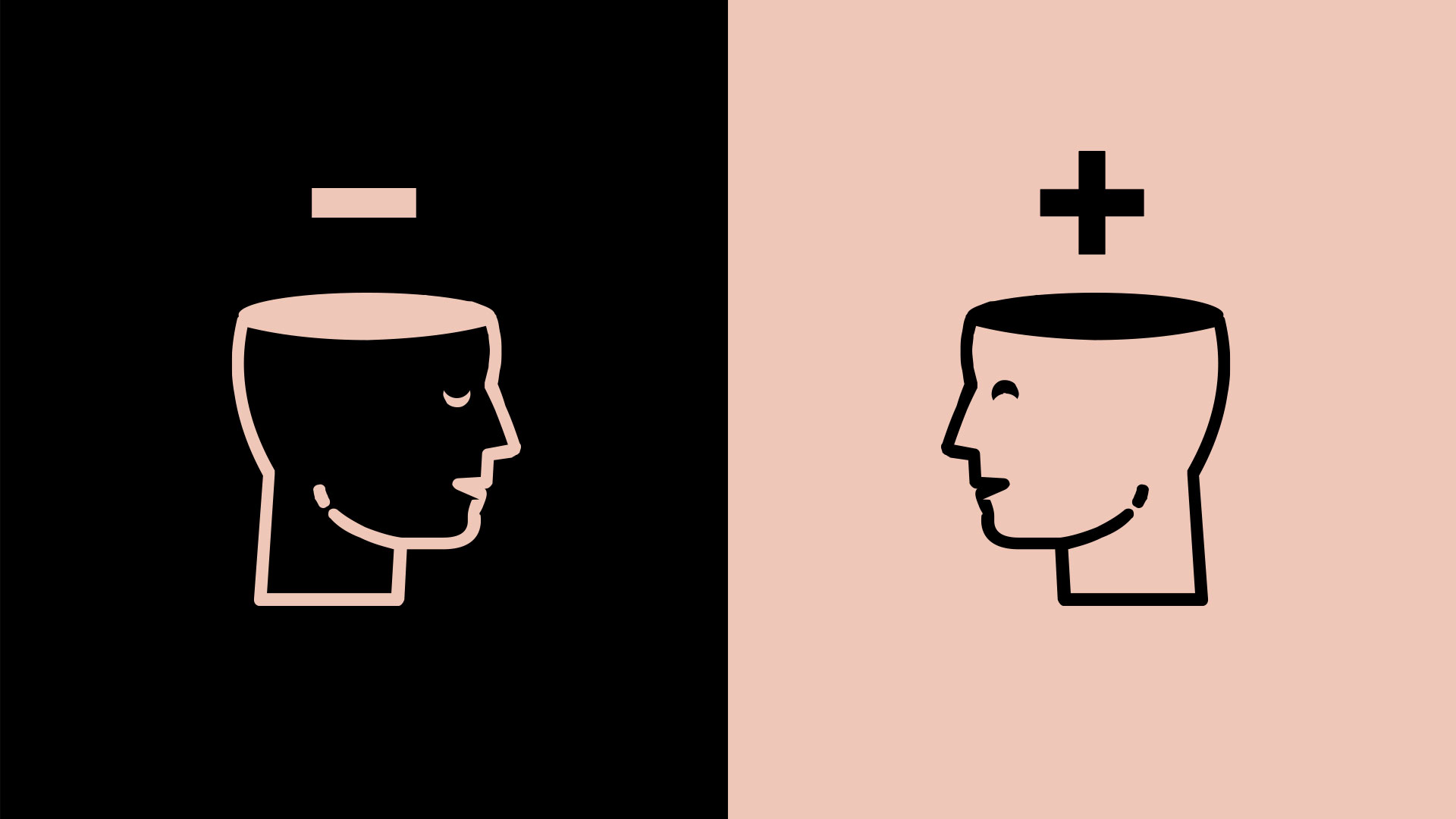 The two mindsets article thumbnail image graphic of 2 men with a plus above one's head and a minus above the other