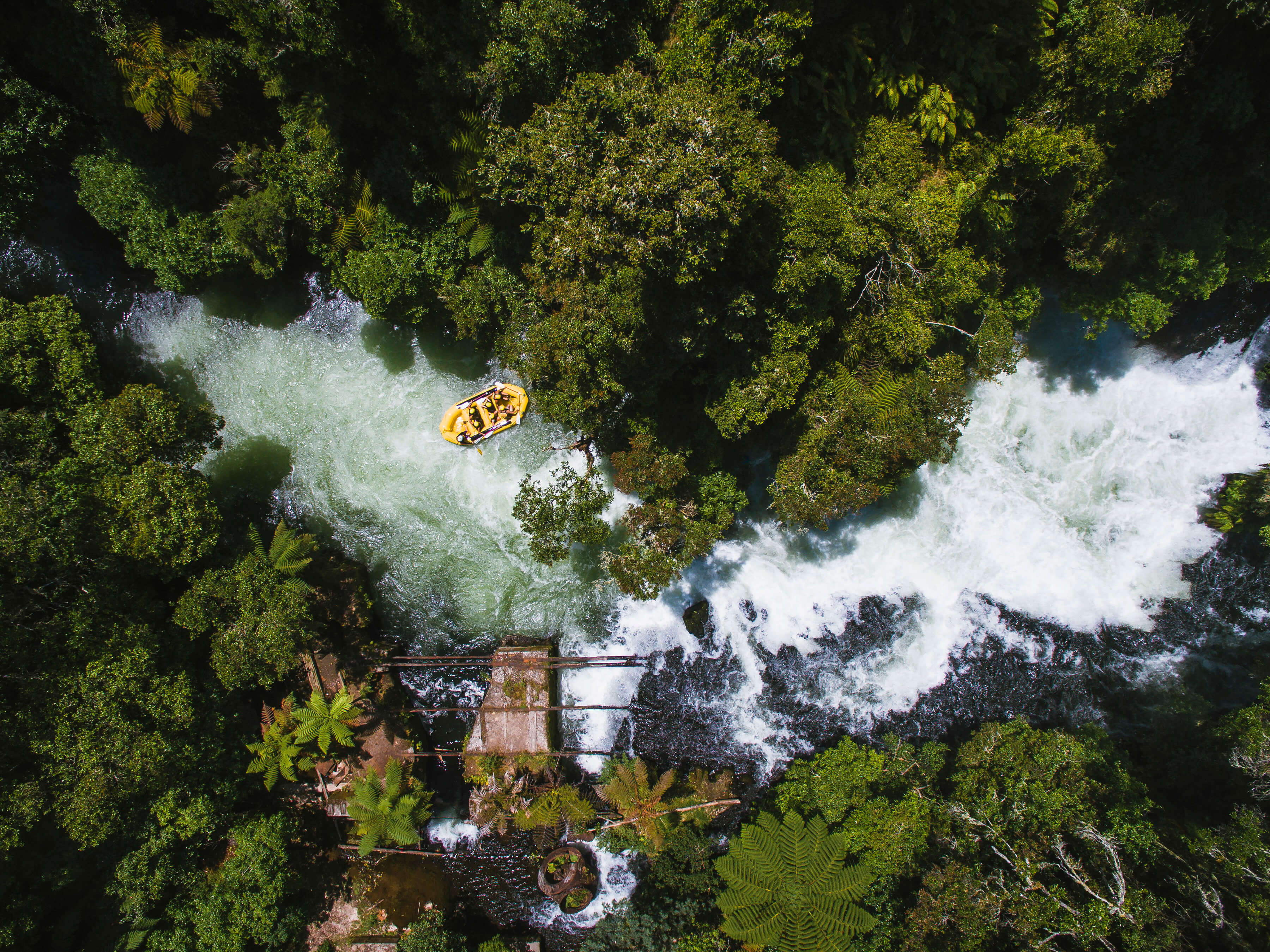 View from above of raft on the Kaituna River, Okere Falls NZ