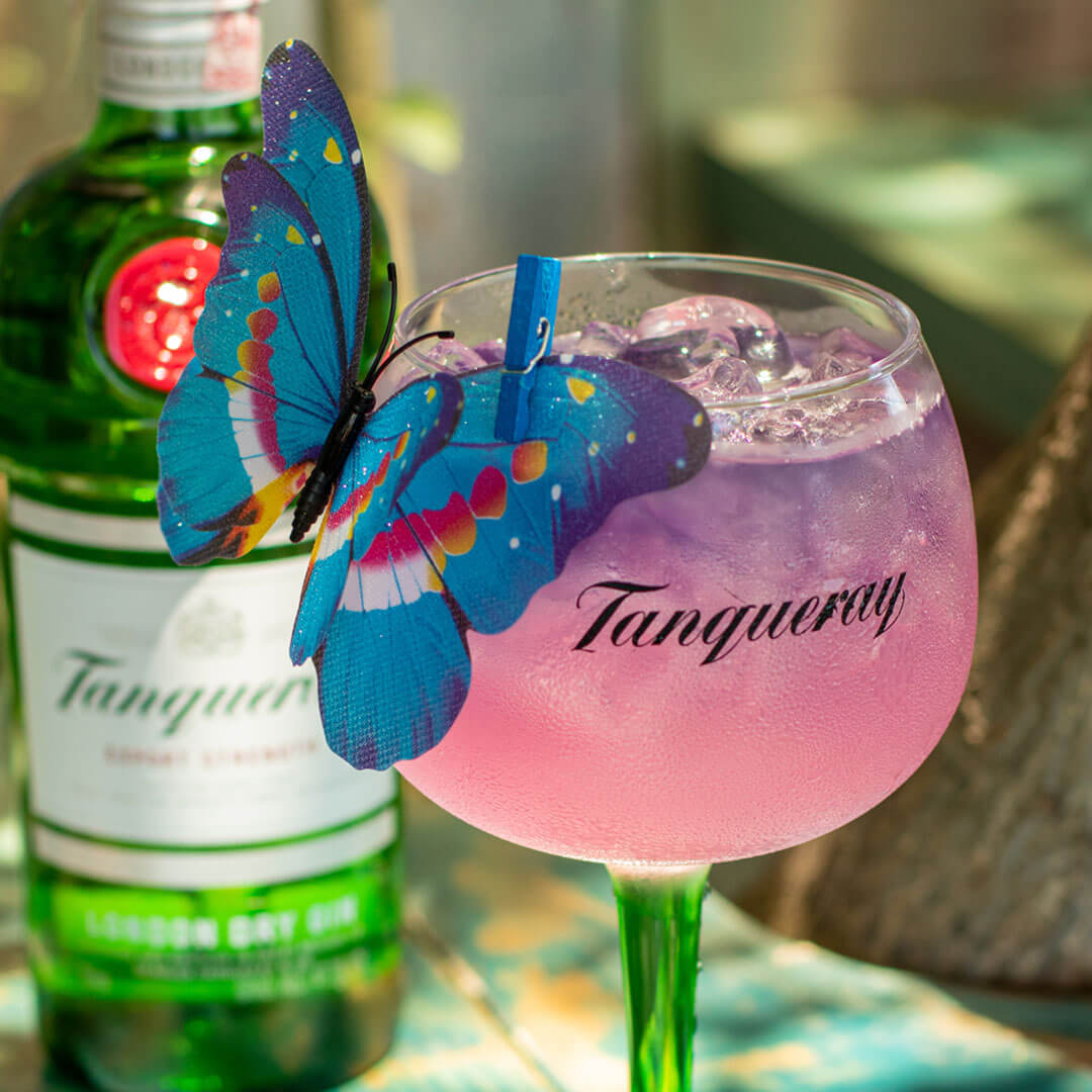 Gin, água tônica e chá de borboleta azul.