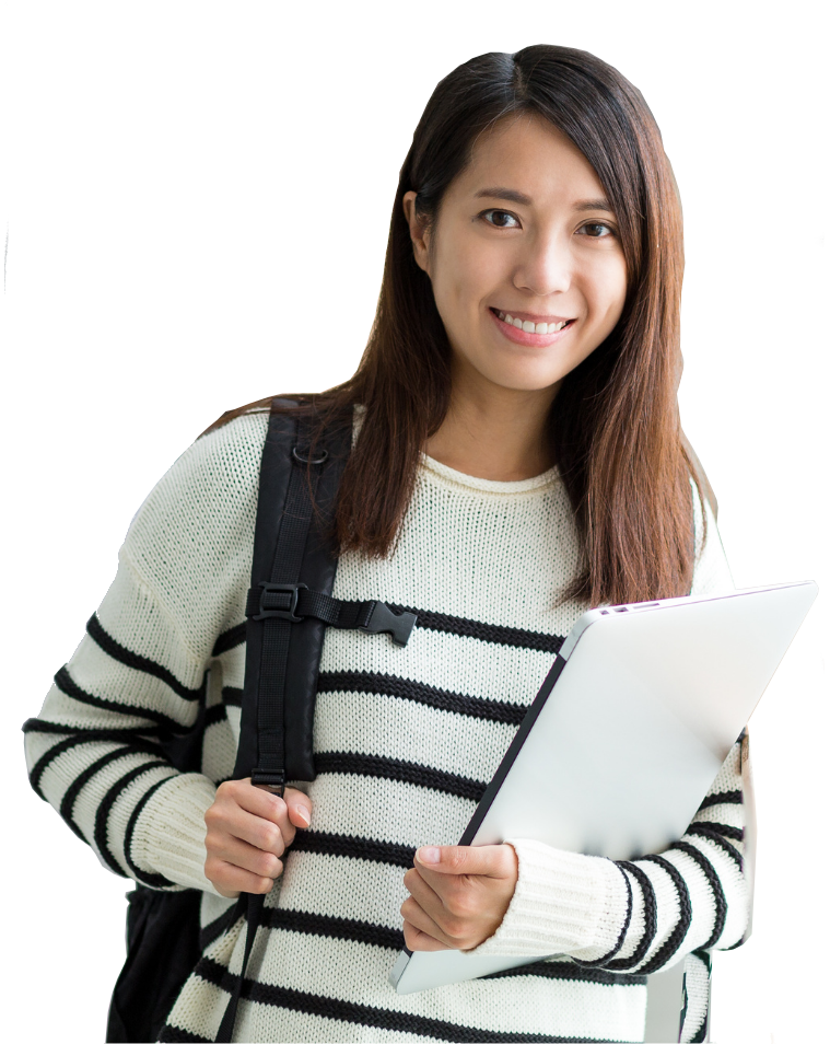 A female asian student wearing a backpack and carrying a laptop