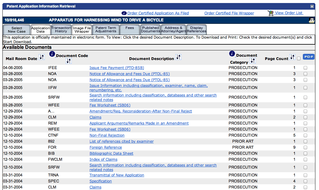 File Wrapper Analysis of US6932368 Apparatus for Harnessing Wind to