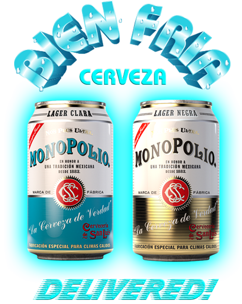Cans of Monopolio beer with the text "Bien Fria"