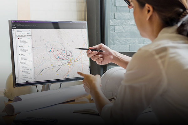 a woman in an office examining assets in OnePlace on a desktop