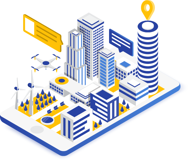 a smart city with connected grid, buildings, and drone
