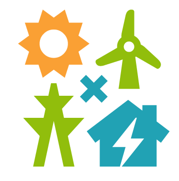 a sun, house, wind turbine, and grid to represent distributed energy