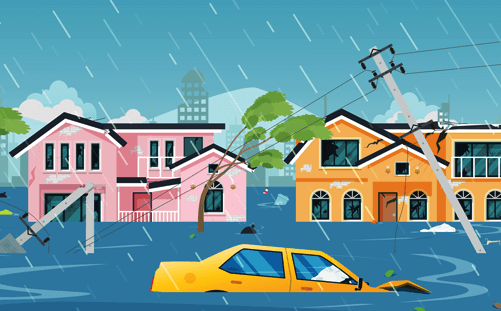 A flooded neighborhood with downed power lines and sinking car.