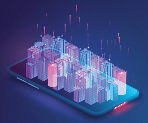 a digital city represented on a mobile phone