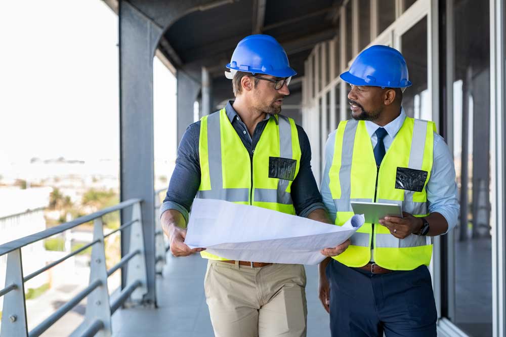 two construction workers sharing as-built data