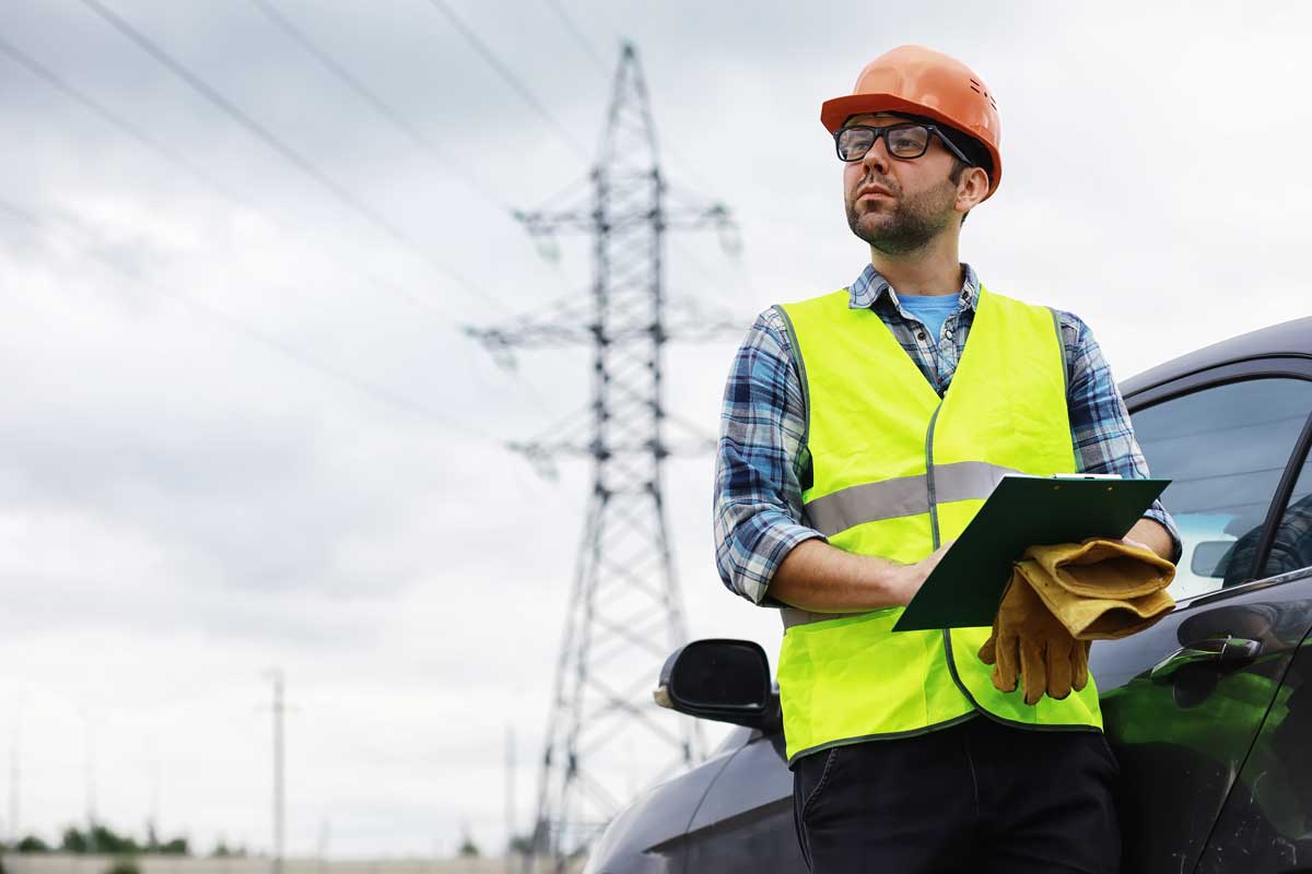a utility worker inspecting power lines with mobile gis