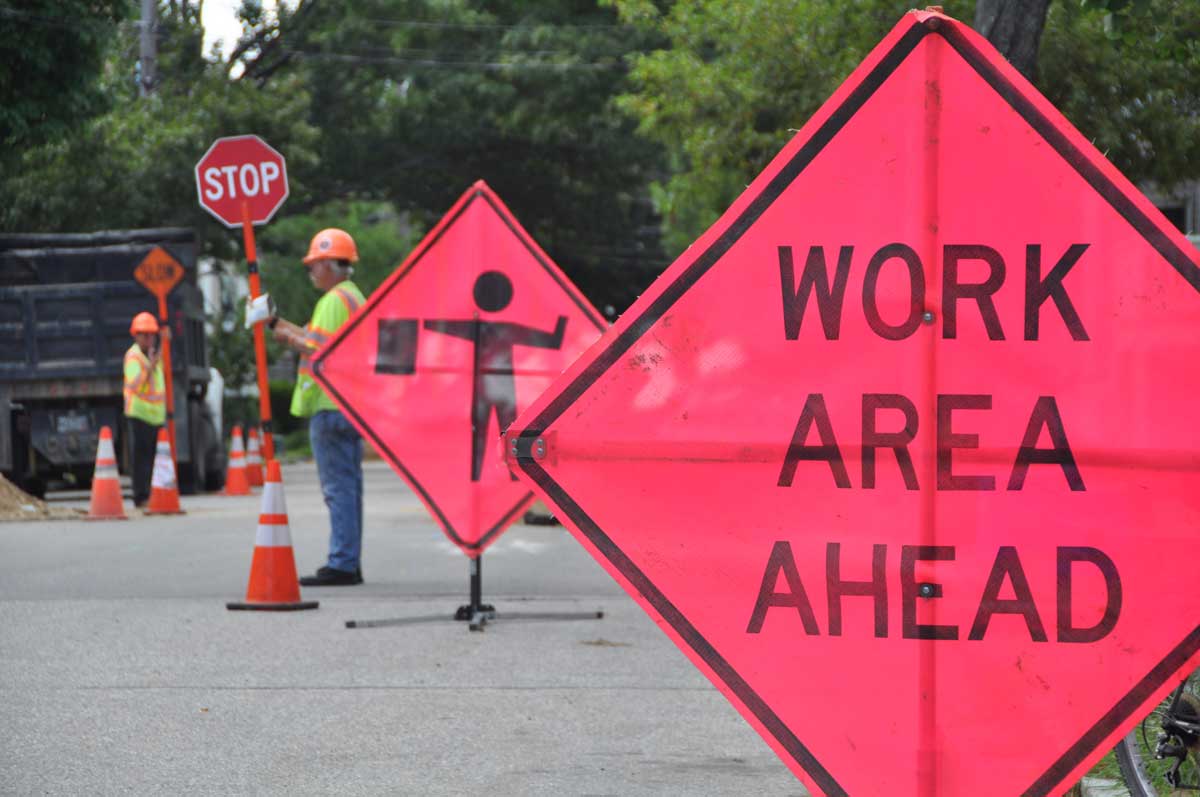 A "work area ahead" sign at a construction site