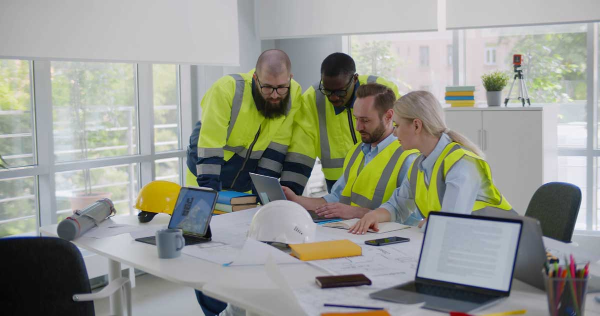a construction team collaborating in the office