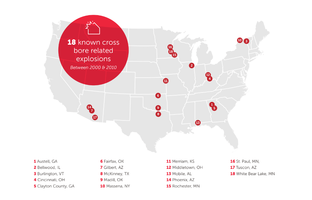 a map of known cross bore related explosions