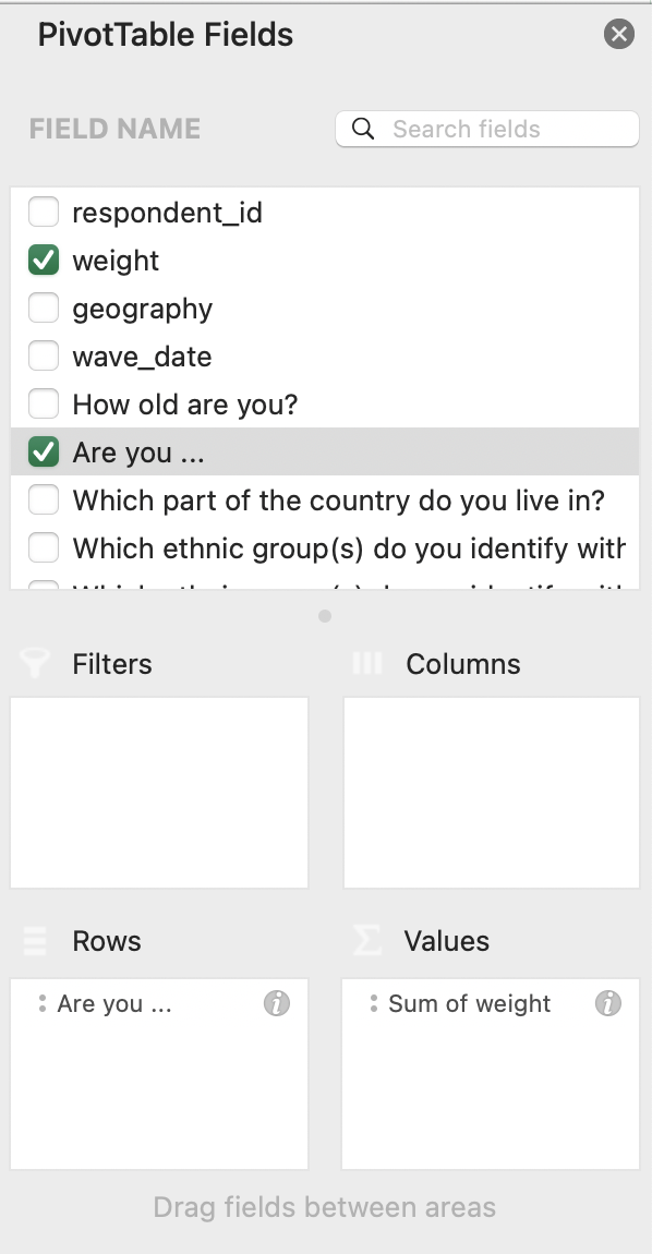 A screenshot of Microsoft Excel's available PivotTable fields, allowing users to customise the data available to them.