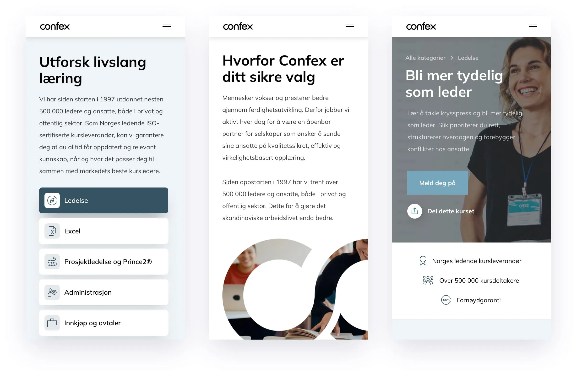 Nettsideskisser for Confex nettside på mobiltelefon
