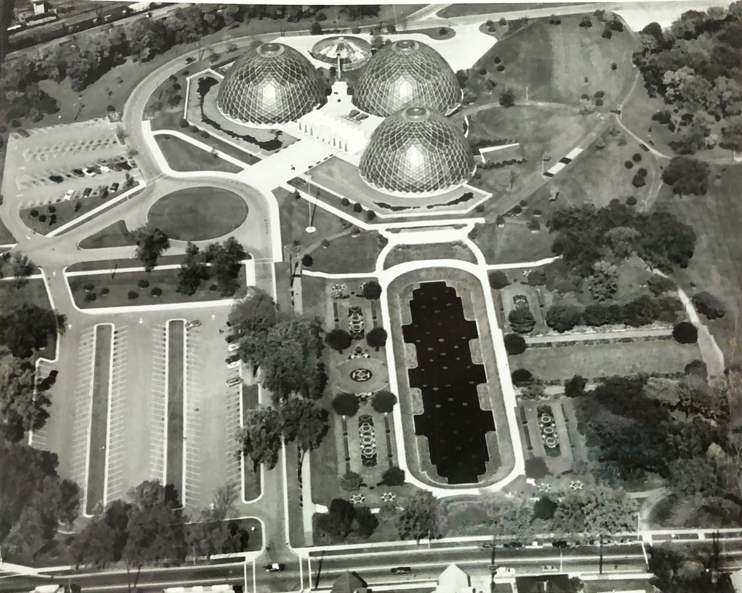 aerial view shows the Domes and sunken gardens in the 1960s