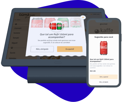 Tablet preto exibindo na tela um produto como venda sugestiva e celular preto exibindo na tela um produto como venda sugestiva também