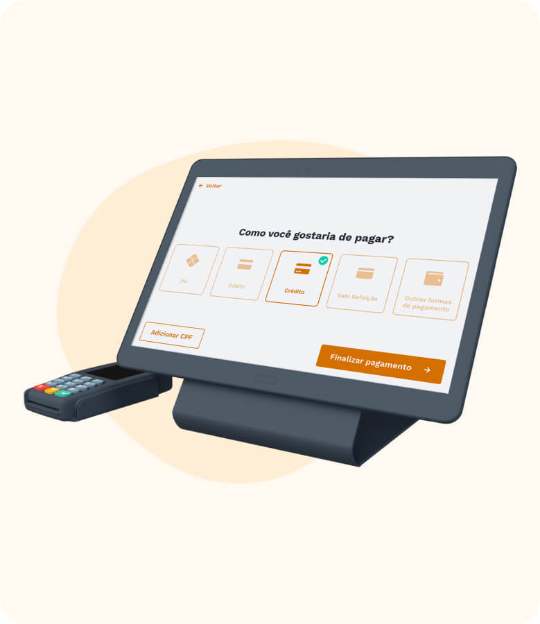 Tablet e maquininha de cartão de crédito exibindo na tela as formas de pagamento disponíveis em um fundo amarelo claro