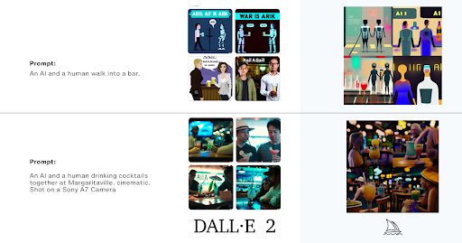 A photo comparing the photographic output of DALLE2's AI system and Midjourney's ai system. Both sets of images were created using the same prompt.