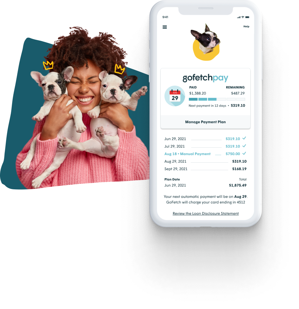 Picture of woman holding two puppies and picture of a smartphone with the GoFetch app on screen.