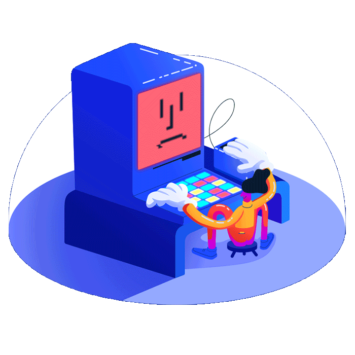 animation of a character problem solving on a computer. Computer moves from sad to happy.