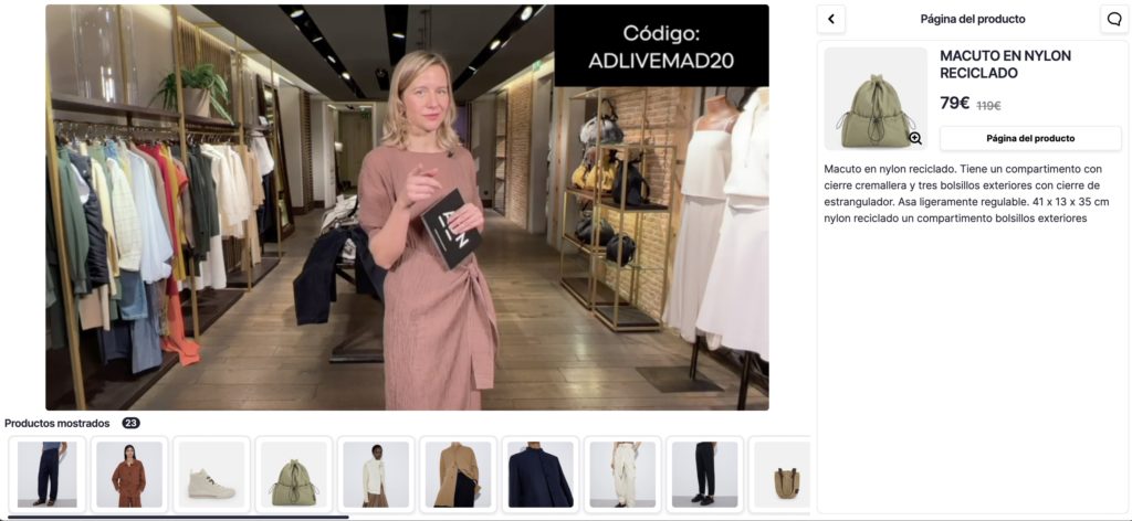 Imagen que muestra a una chica frente a una cámara realizando un evento de live shopping de venta de ropa.