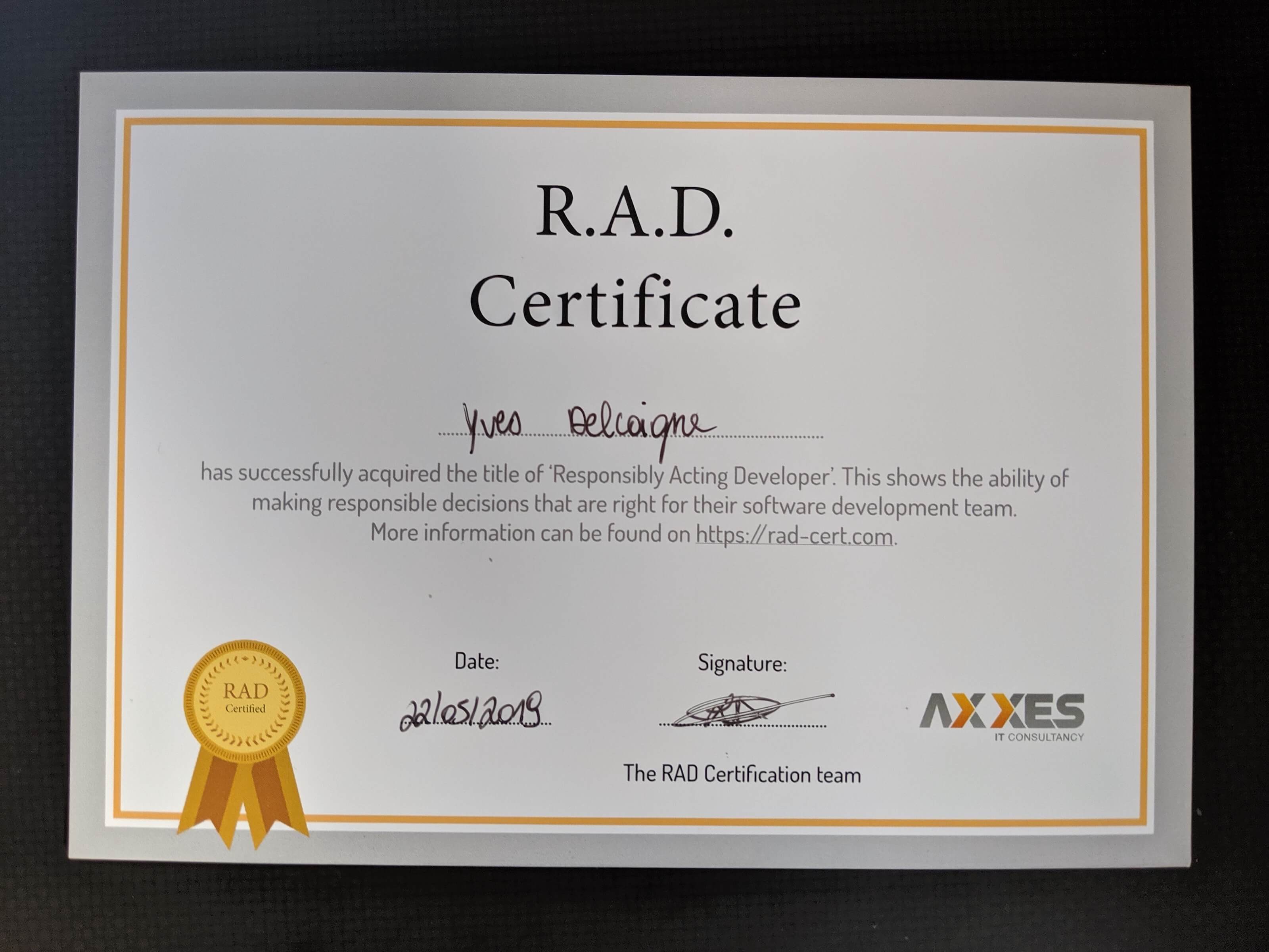 R.A.D. Certificate of Yves Delcoigne