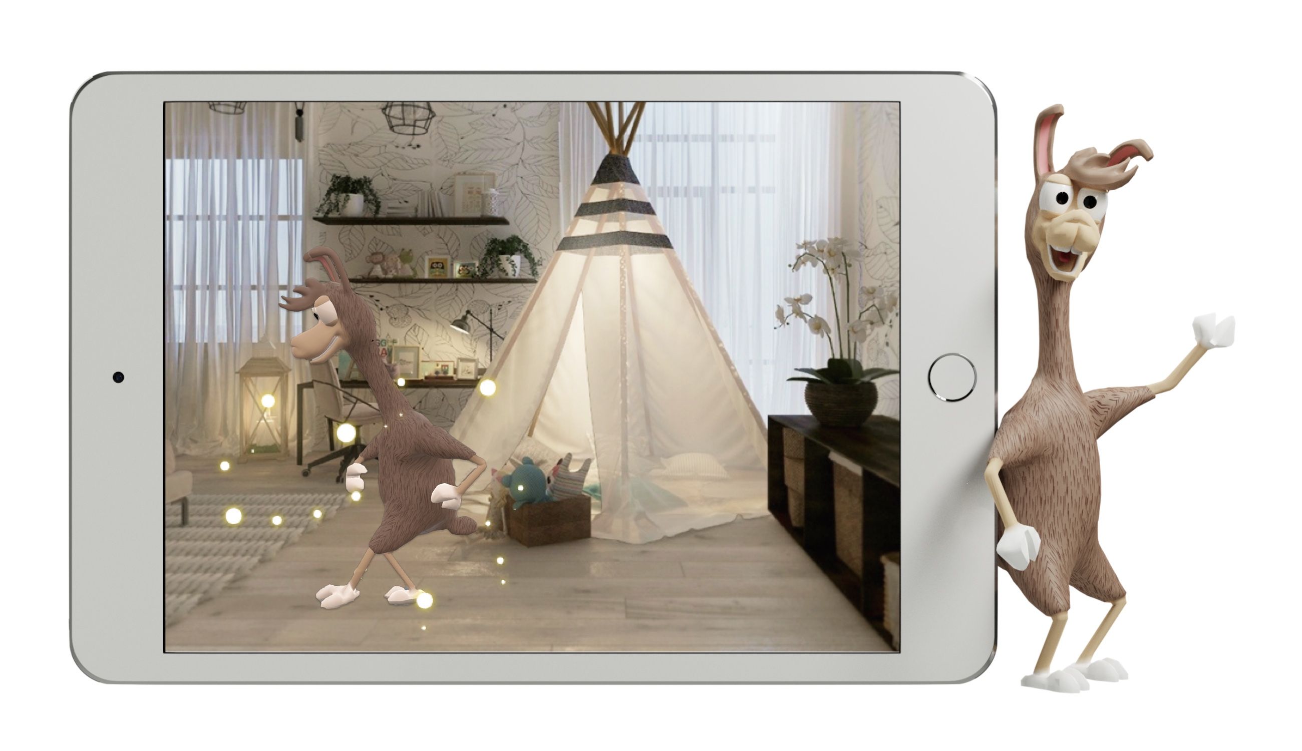 iPad running the Woody AR application with the Alpaca mascotte.