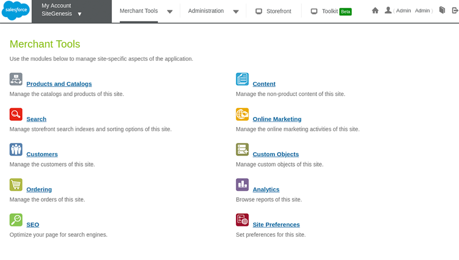 Capture d'écran de l'interface de SalesForce Commerce Cloud