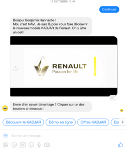 Interface de Navi, le chatbot de Renault Maroc