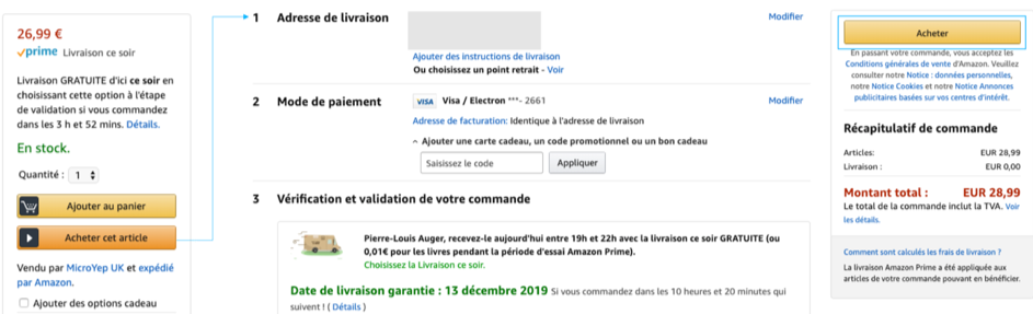 Fonctionnement du processus d'achat en 1 clic au check-out sur Amazon