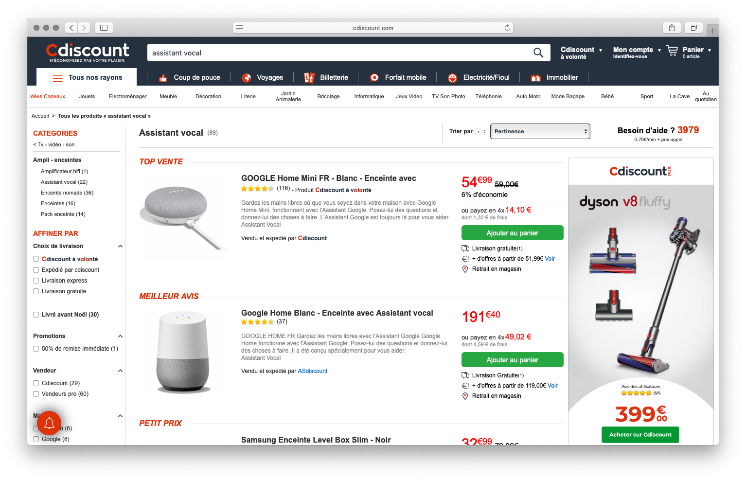Capture d'écran de cdiscount pour la recherche assistants vocaux