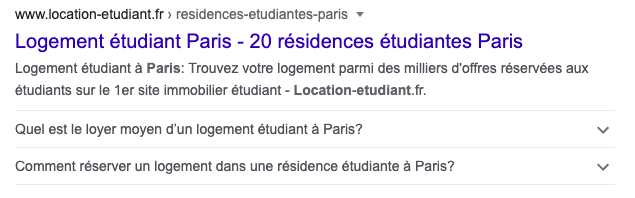 Capture d'écran des résultats Google pour la recherche logement étudiant montrant une FAQ
