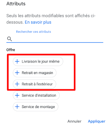 Capture d'écran de la liste des attributs paramétrables dans Google My Business