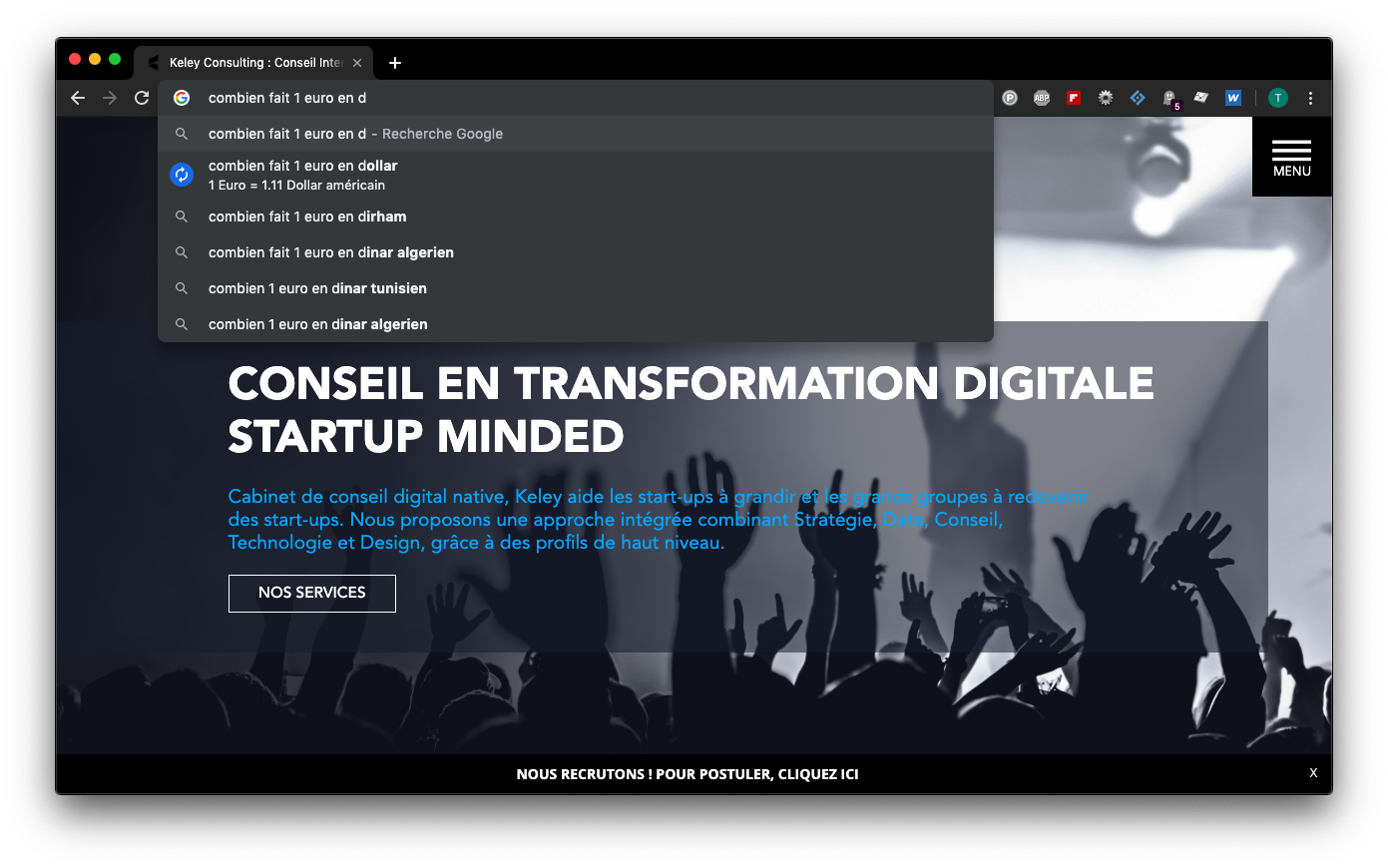 Capture de la recherche « Combien fait 1 euro en d… » dans la barre d’adresse Google