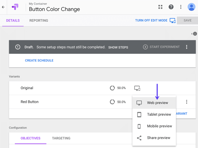 Capture d'écran de l'interface de Google Optimize
