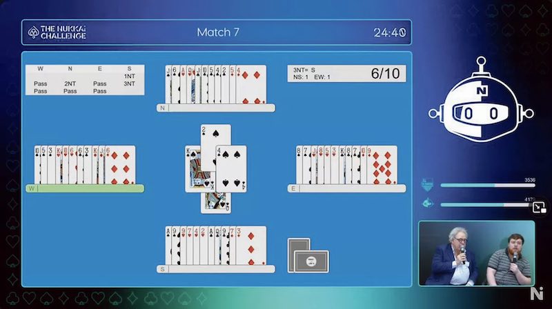 Capture d’écran de la chaîne Youtube Nukkai lors d’un match de bridge de l’IA