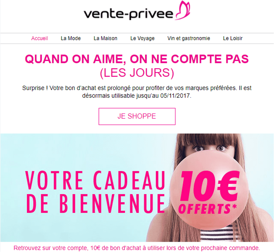 Email avec cadeau de bienvenue de Veepee