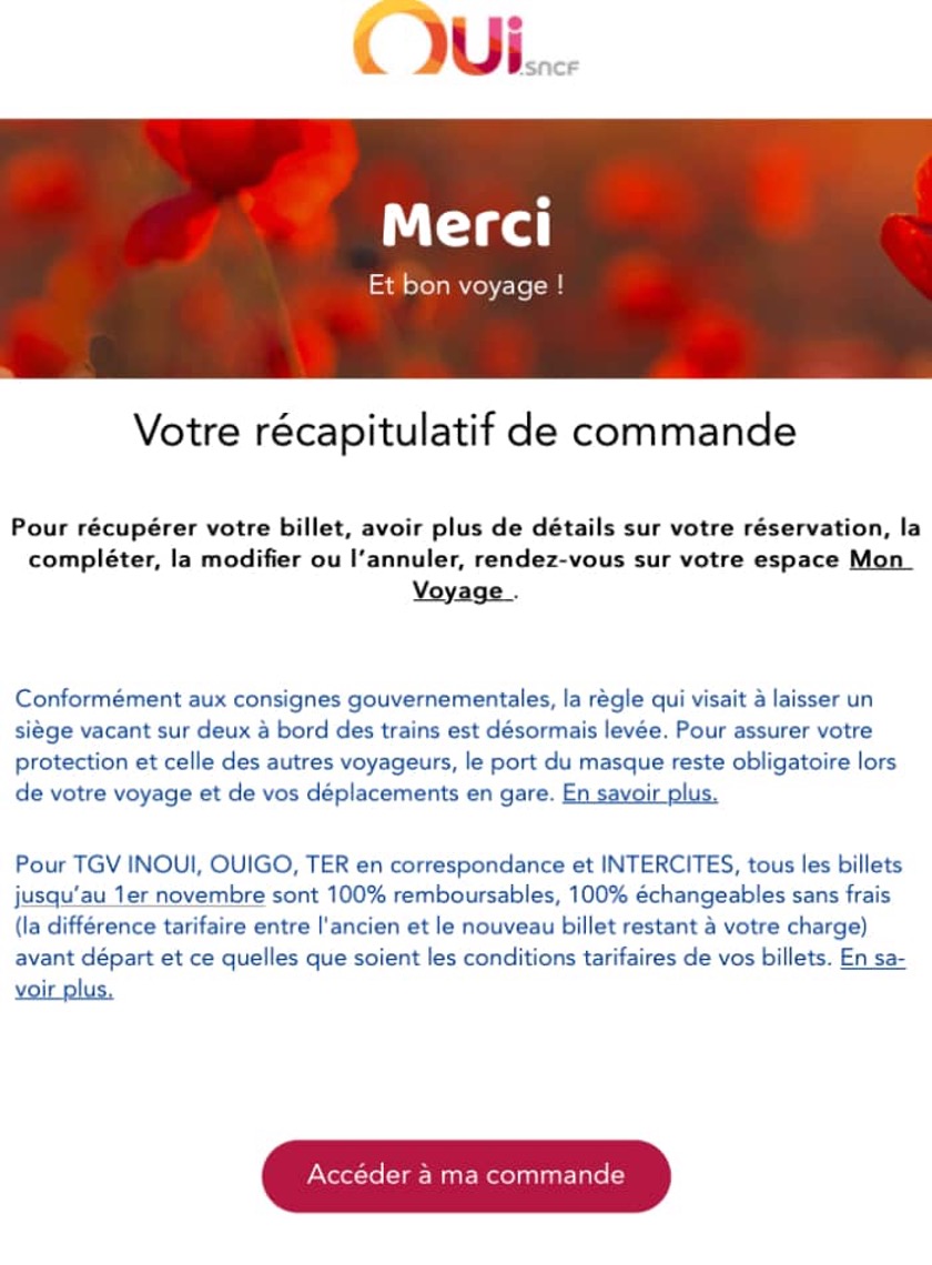 Email de récapitulatif de commande de Oui SNCF