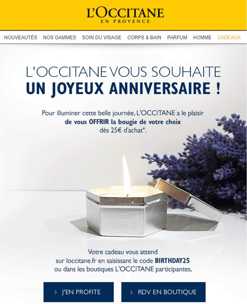 Email d'anniversaire avec code promotion de l'Occitane