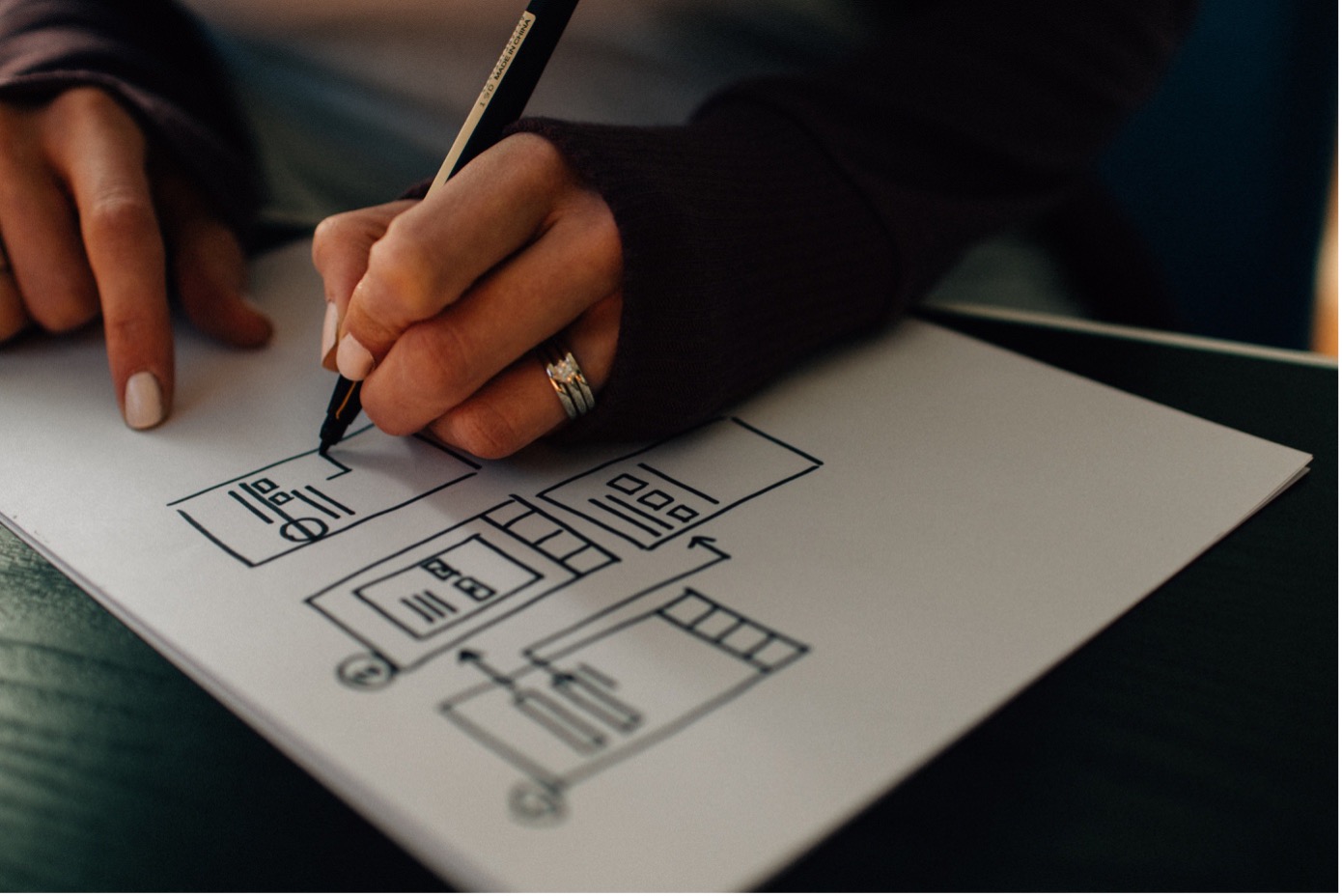 Photos d’illustration montrant des mains dessinant un diagramme, en gros plan
