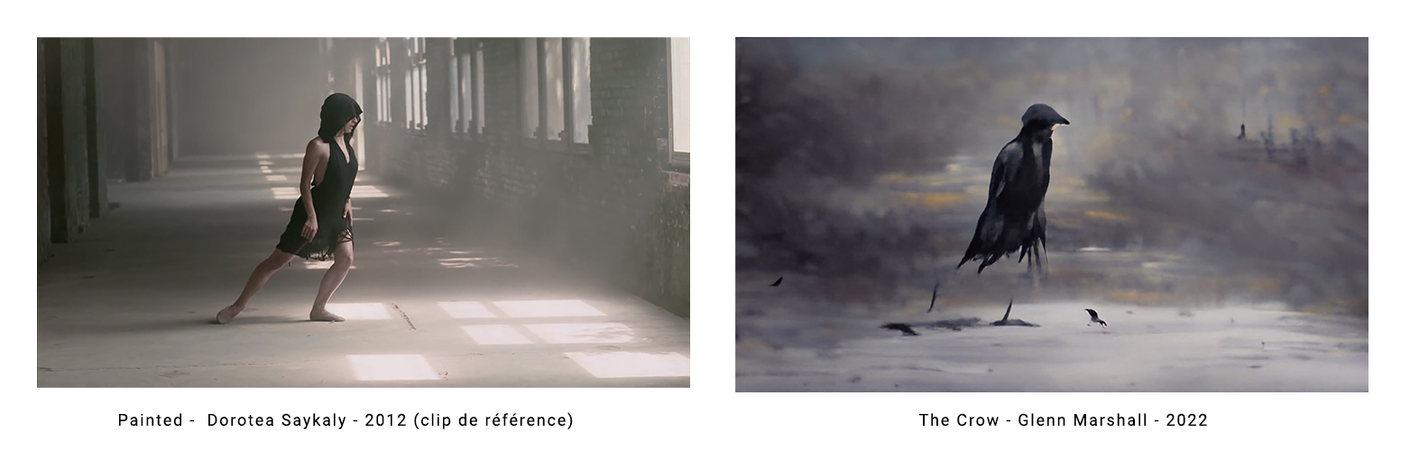Comparaison : à gauche, une image tirée de Painted de Dorotea Saykaly réalisée en 2012 et à droite une image tirée de The Crow réalisé par Glenn Marshall en 2022